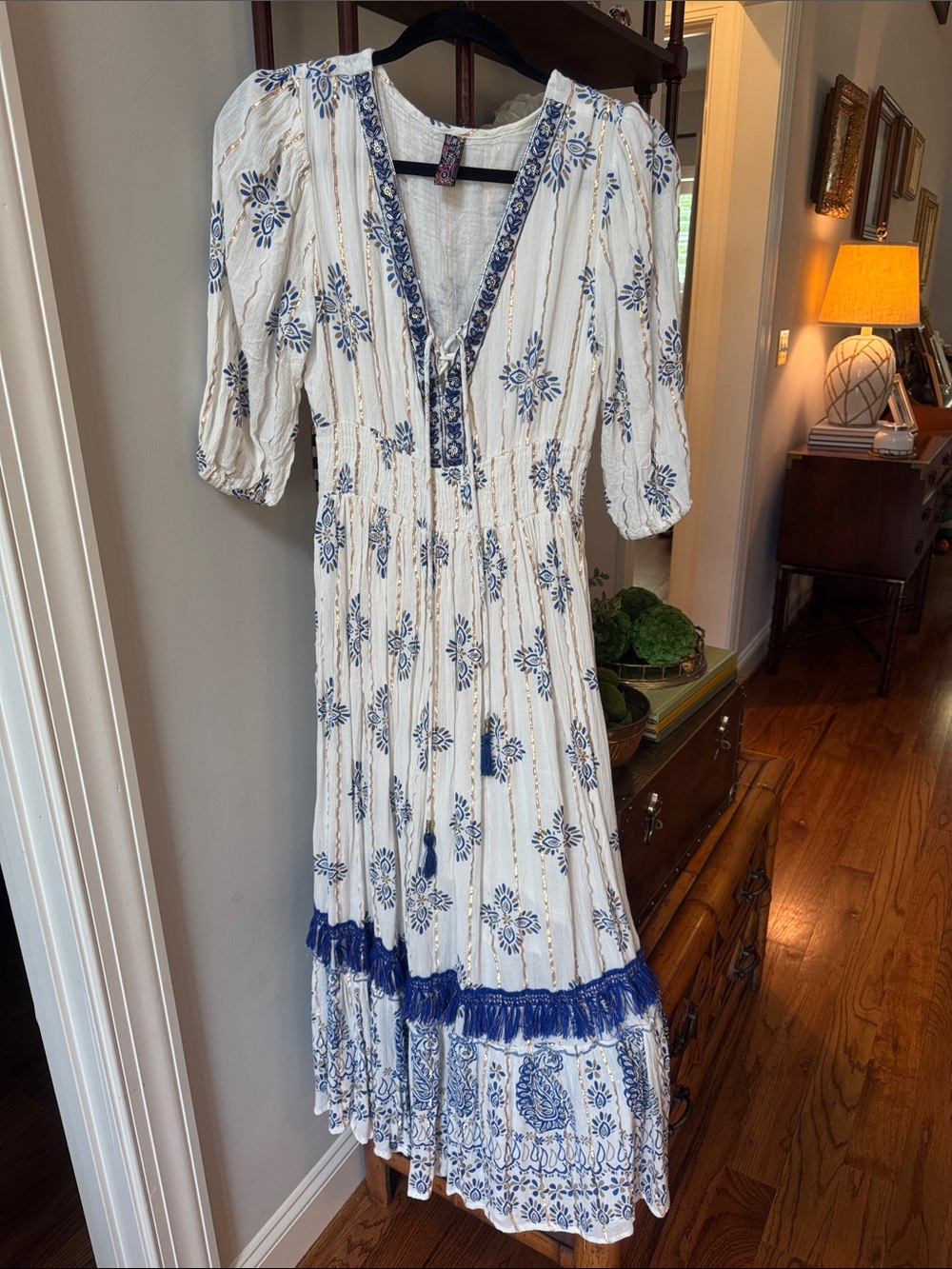 Boho Midi Dress with Blue Floral Print